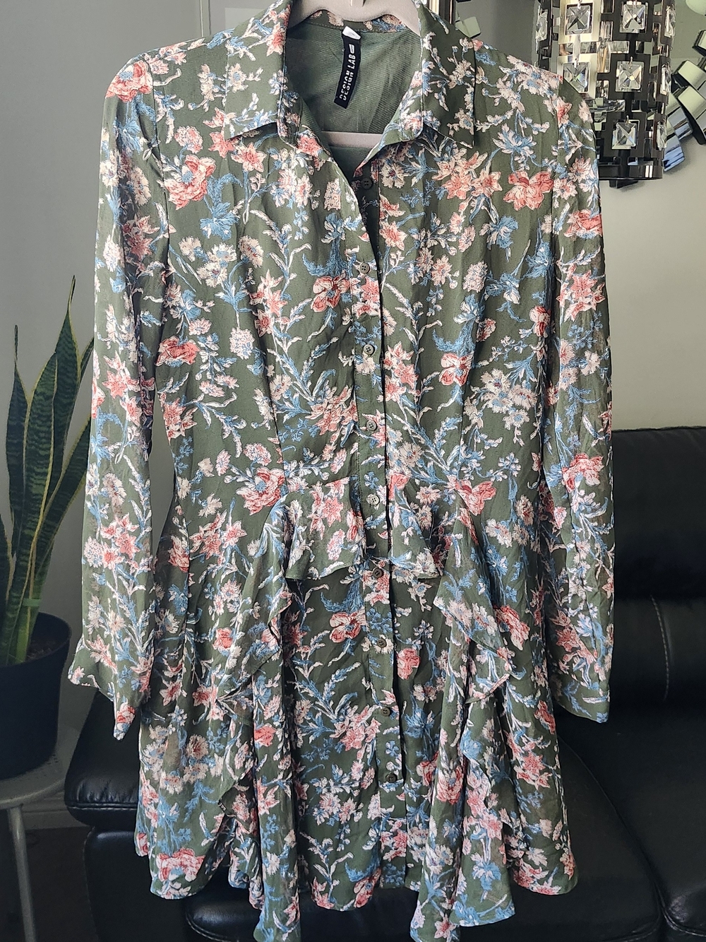 Design Lab Lord & Taylor Olive Green Floral Long Sleeve Shirt Dress